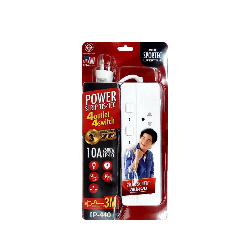 รางปลั๊กไฟ Vox มี มอก. แท้ P-440 P-440 4 ช่อง 4 สวิตซ์ ยาว 3 เมตร สีขาว