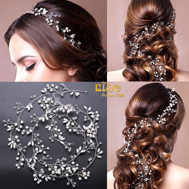 คาดผม(หน้าร้านอยู่รัชดา)KF583 ที่คาดผมประดับด้วยด้วยมุกและคริสตัล สีเงิน สวยหวานงานหรูมาก