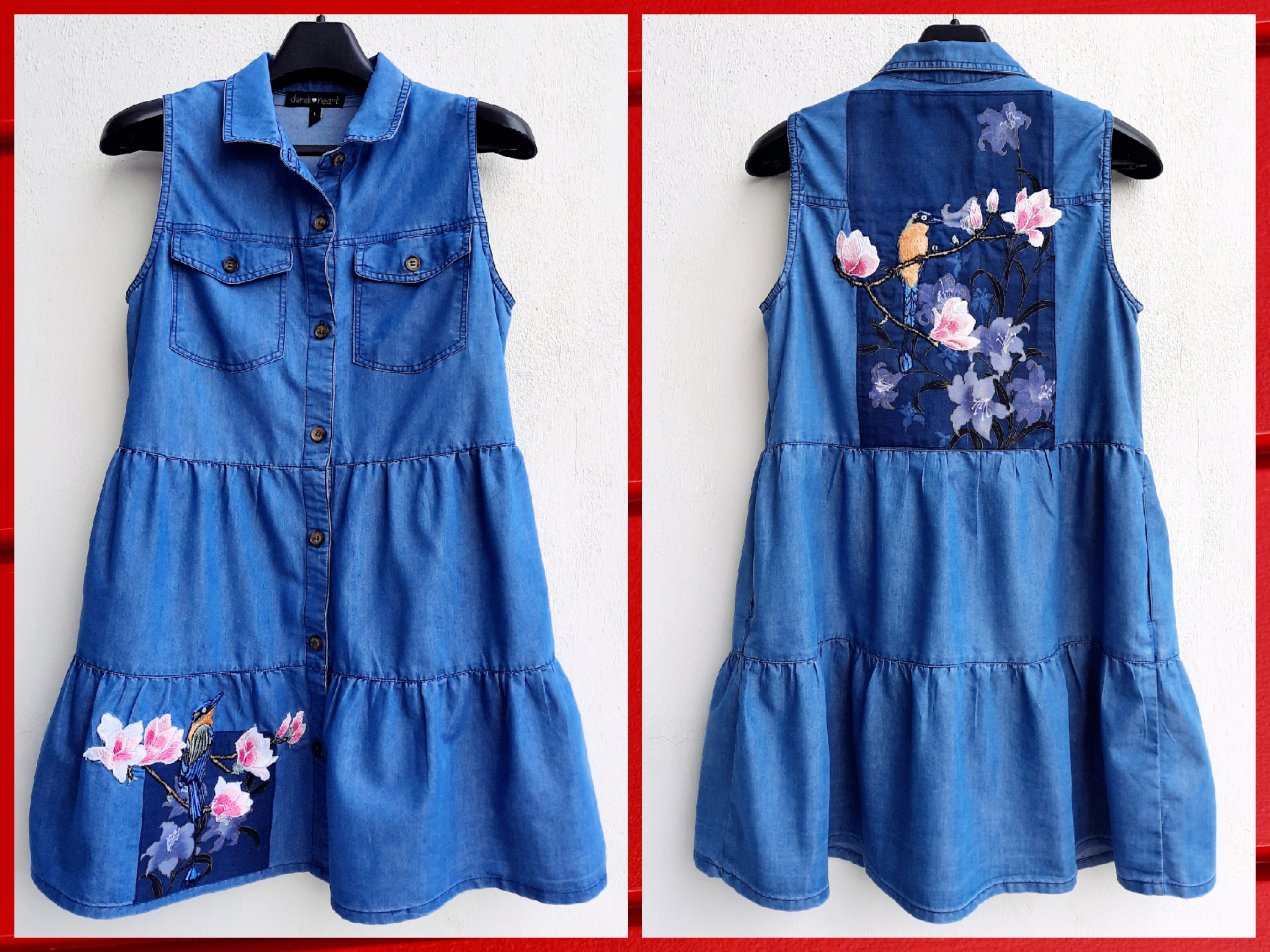 เดรสแขนกุดสีฟ้า แต่งPatchลายนก+ดอกไม้