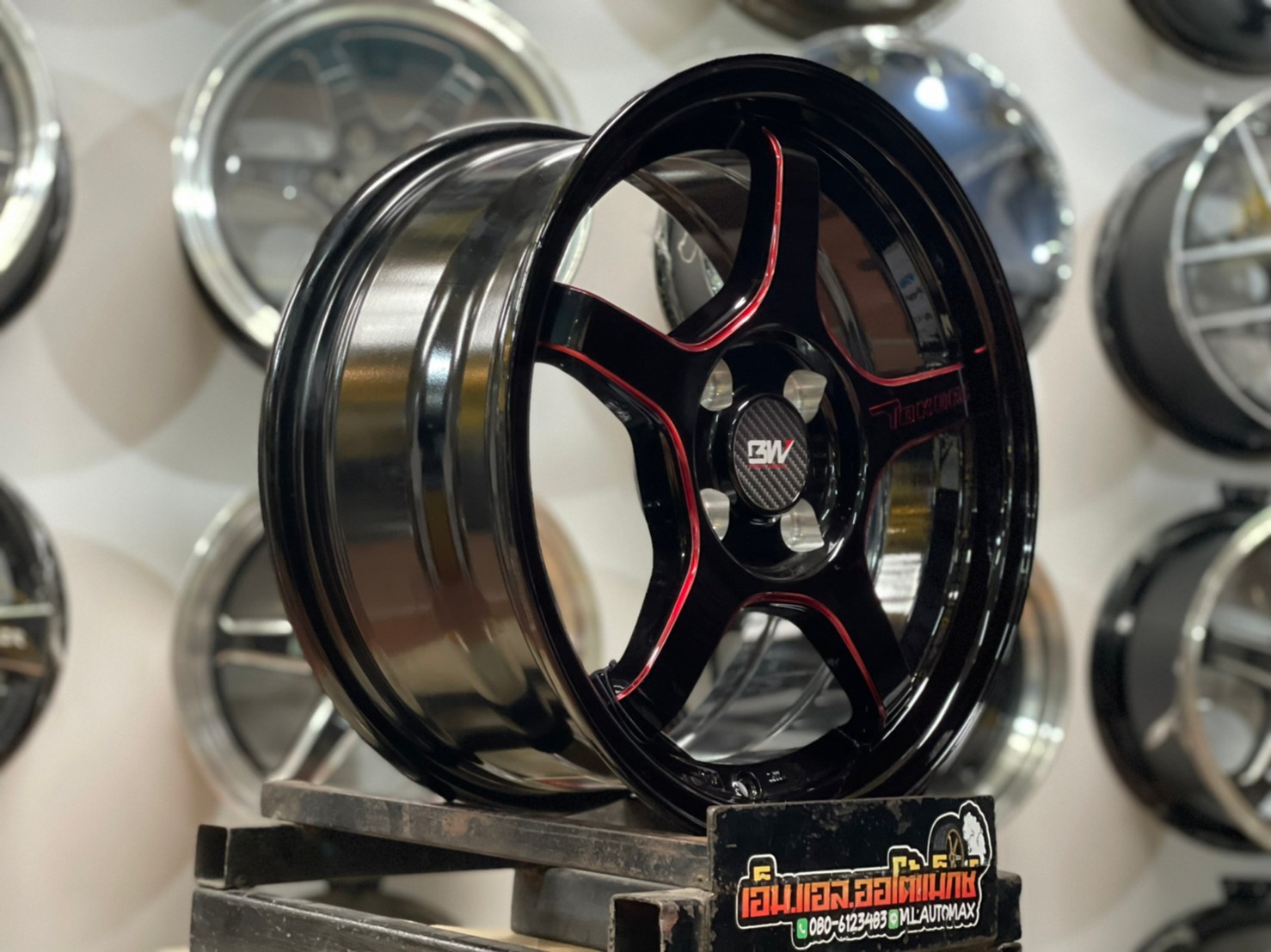 ล้อแม็กซ์ขอบ15 Brightwheels BW-57 ขอบ15 กว้าง7 ออฟ35 4รู100 สีดำข้างก้านไดร์แดง(F/B ED RED)