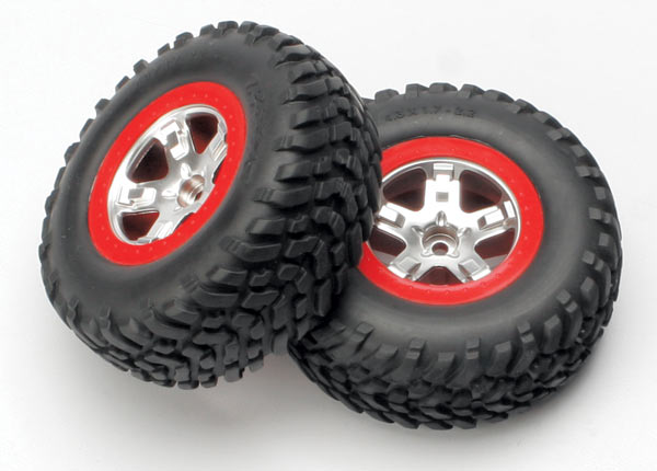 5875A Tires & wheels, assembled, glued (SCT satin chrome, red beadlock style wheels, SCT off-road tires, foam inserts) (2) (2WD front)