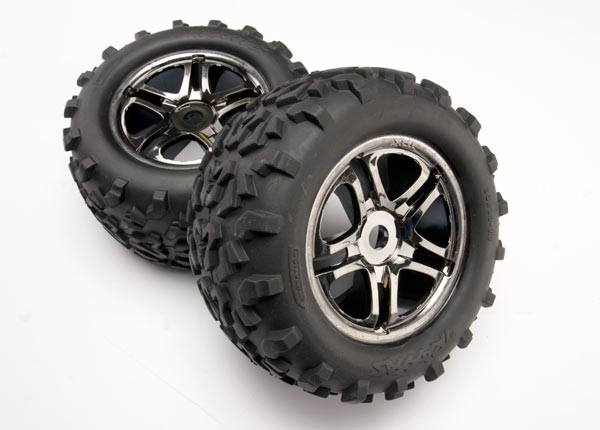 4983A Tires & wheels, assembled, glued (SS (Split Spoke) black chrome wheels, Maxx tires (6.3" outer diameter), foam inserts) (2) (fits Maxx/Revo series) (TSM rated)