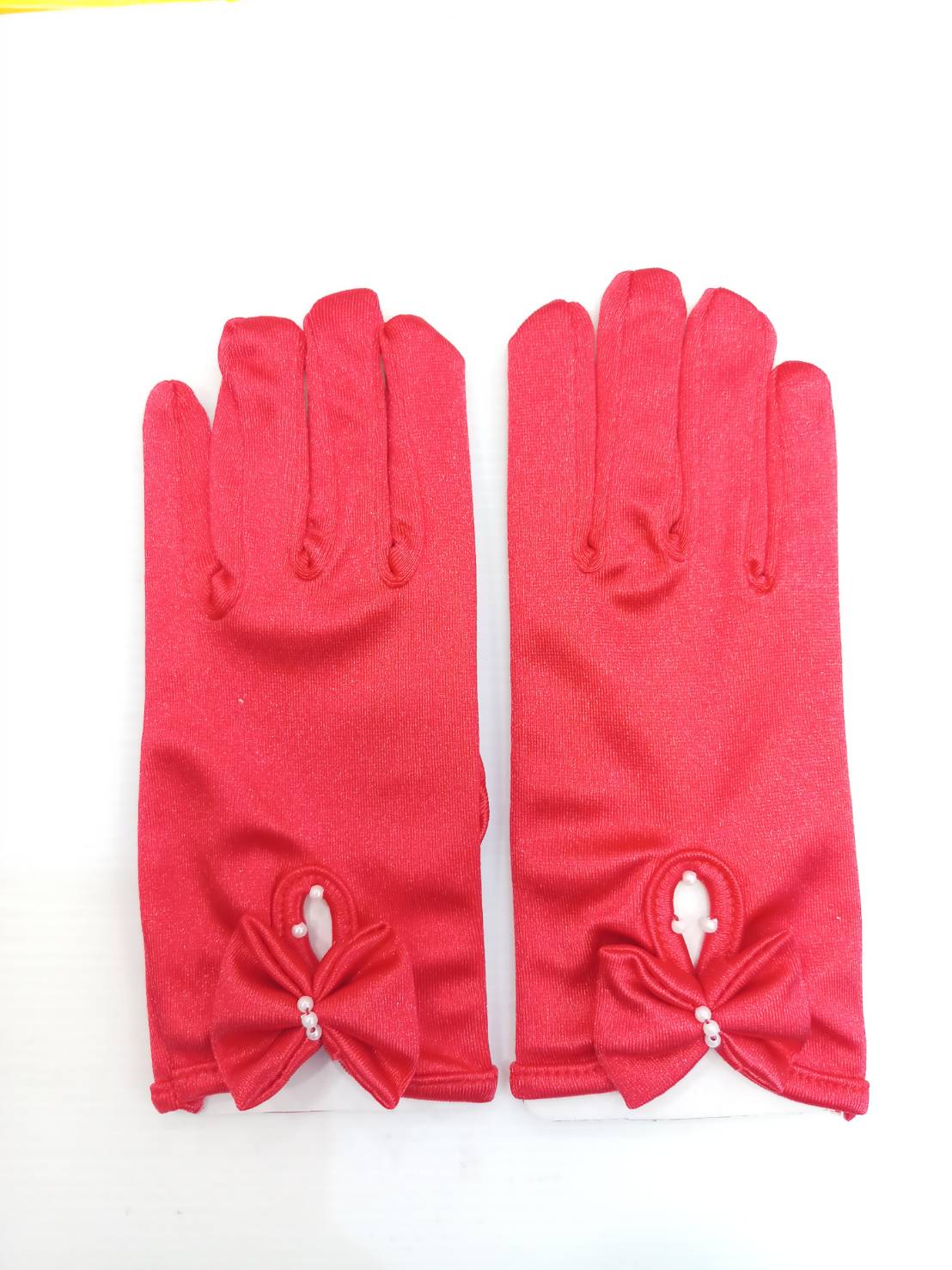 ถุงมือเด็ก *มีหน้าร้าน ตรงปก พร้อมส่ง*GS14 ติดโบว์ติดมุกแบบสั้น สีแดง