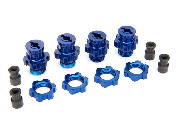 5853X Wheel hubs, splined, 17mm, short (2), long (2) (blue-anodized) / wheel nuts, splined, 17mm (blue-anodized) (4)/ hub retainer M4 X 0.7 (4)/ axle pin (4) (Slash 2WD)