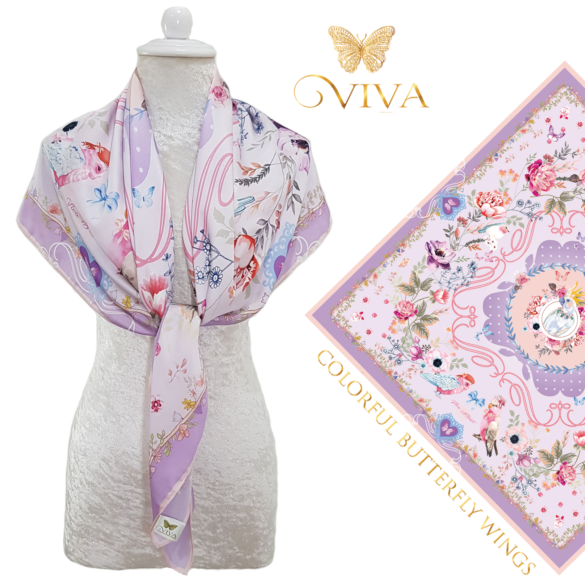 ผ้าพันคอ รุ่น Birds of Garden Scarf เนื้อผ้า Silk Satin Premium Color : Purple Pastel
