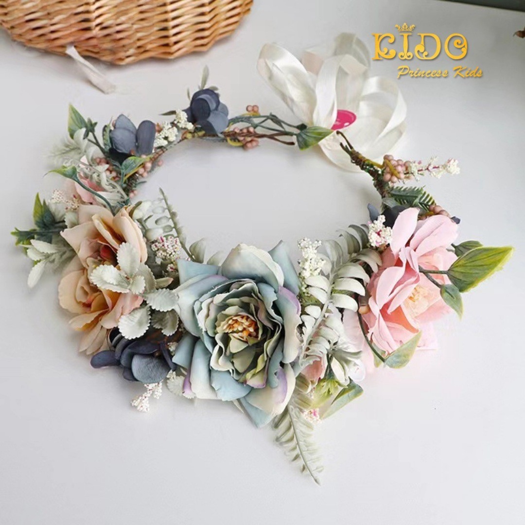 คาดผมเด็ก(หน้าร้านอยู่รัชดา)KF643เส้นคาดผมดอกไม้สีฟ้า ตกแต่งด้วยดอกไม้ น่ารักๆ