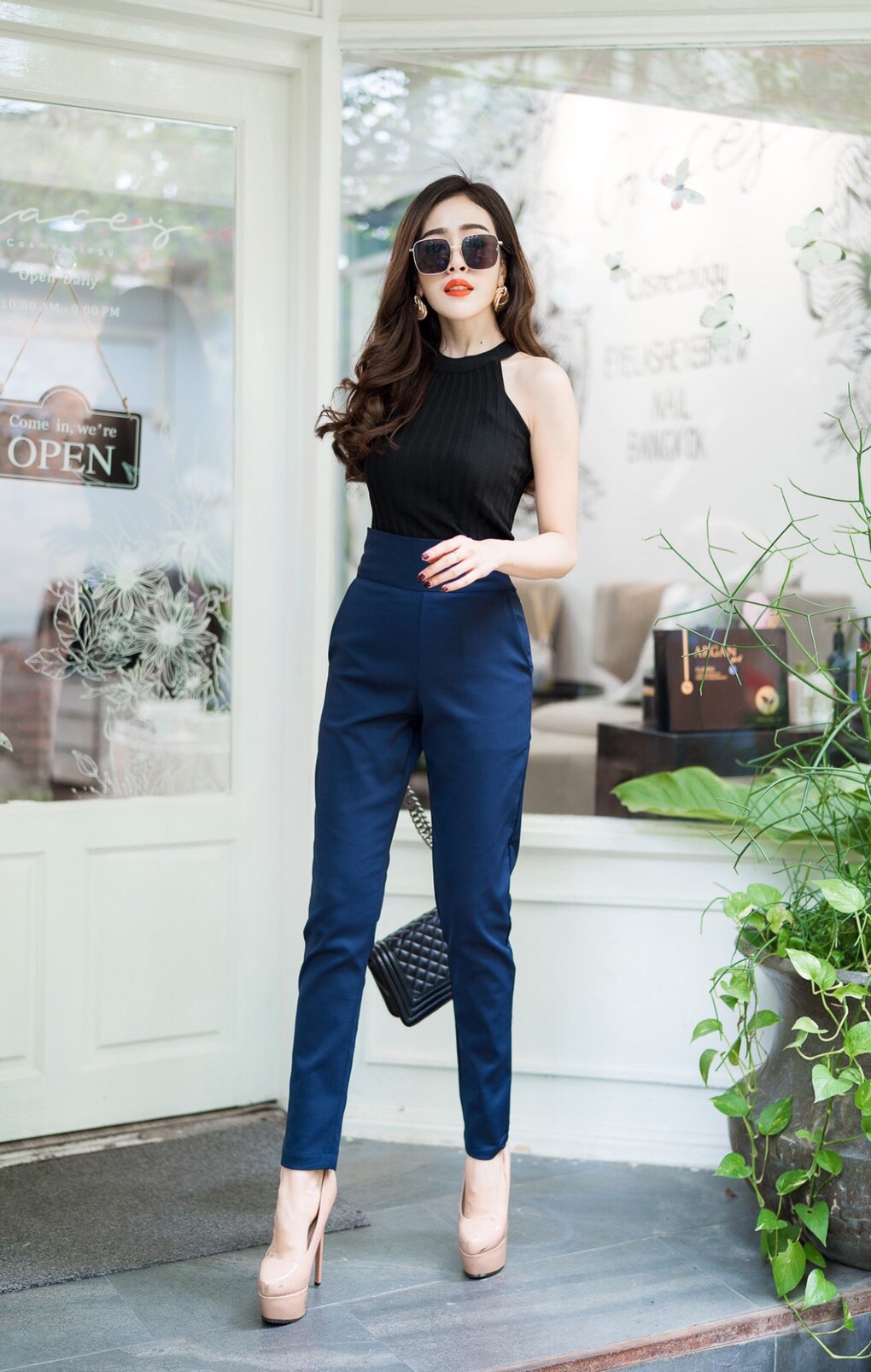 กางเกงขายาวผู้หญิงเอวสูง ขาเดฟ ขอบเอว 3 นิ้ว ซิปข้าง ผ้าดับเบิ้ลซาติน ยืด น่ารัก