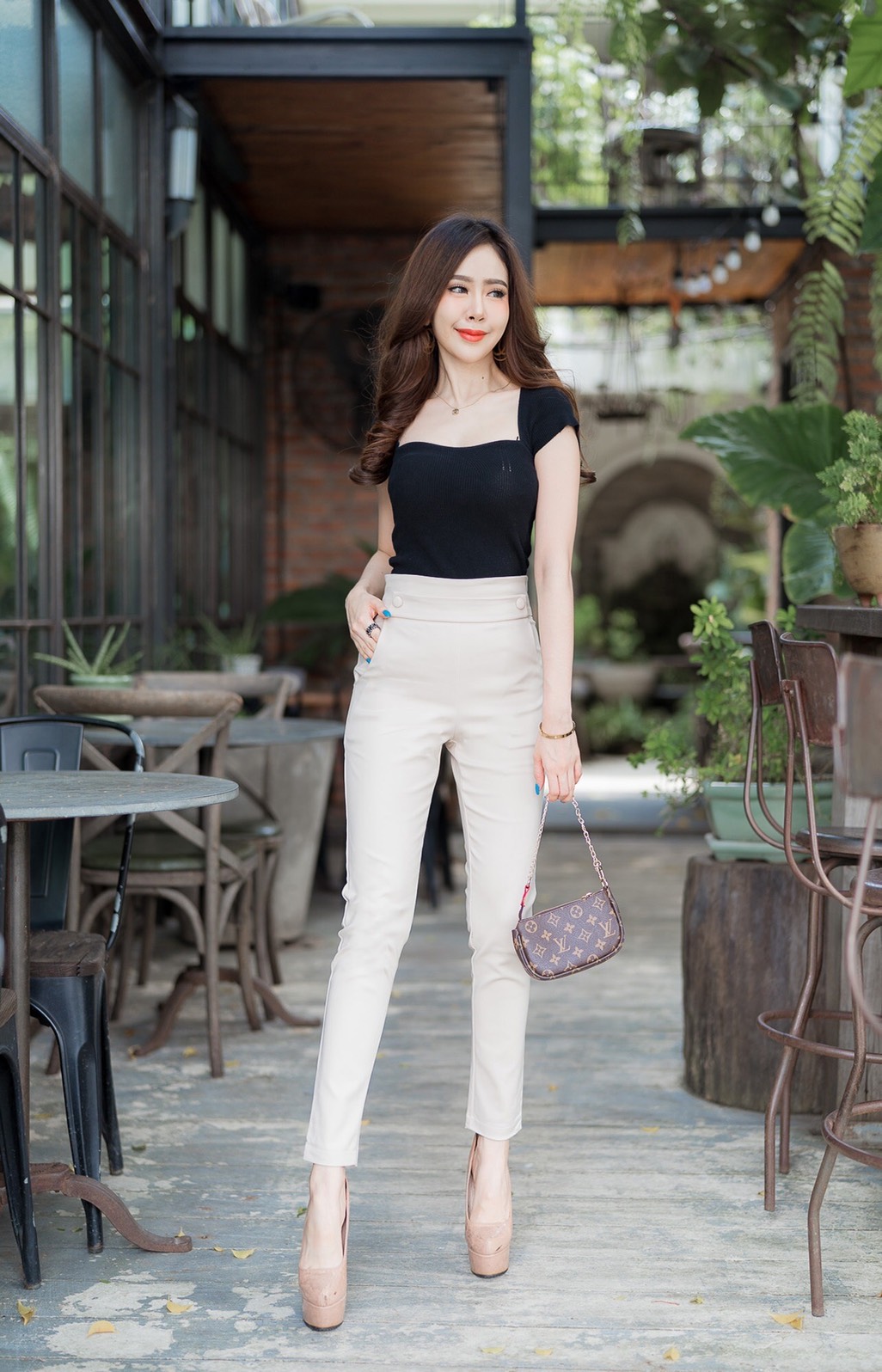 กางเกงขายาวผู้หญิงเอวสูง ขาเดฟ ขอบเอว 3 นิ้ว ซิปข้าง แต่งกระดุม ผ้าดับเบิ้ลซาติน ยืด น่ารัก