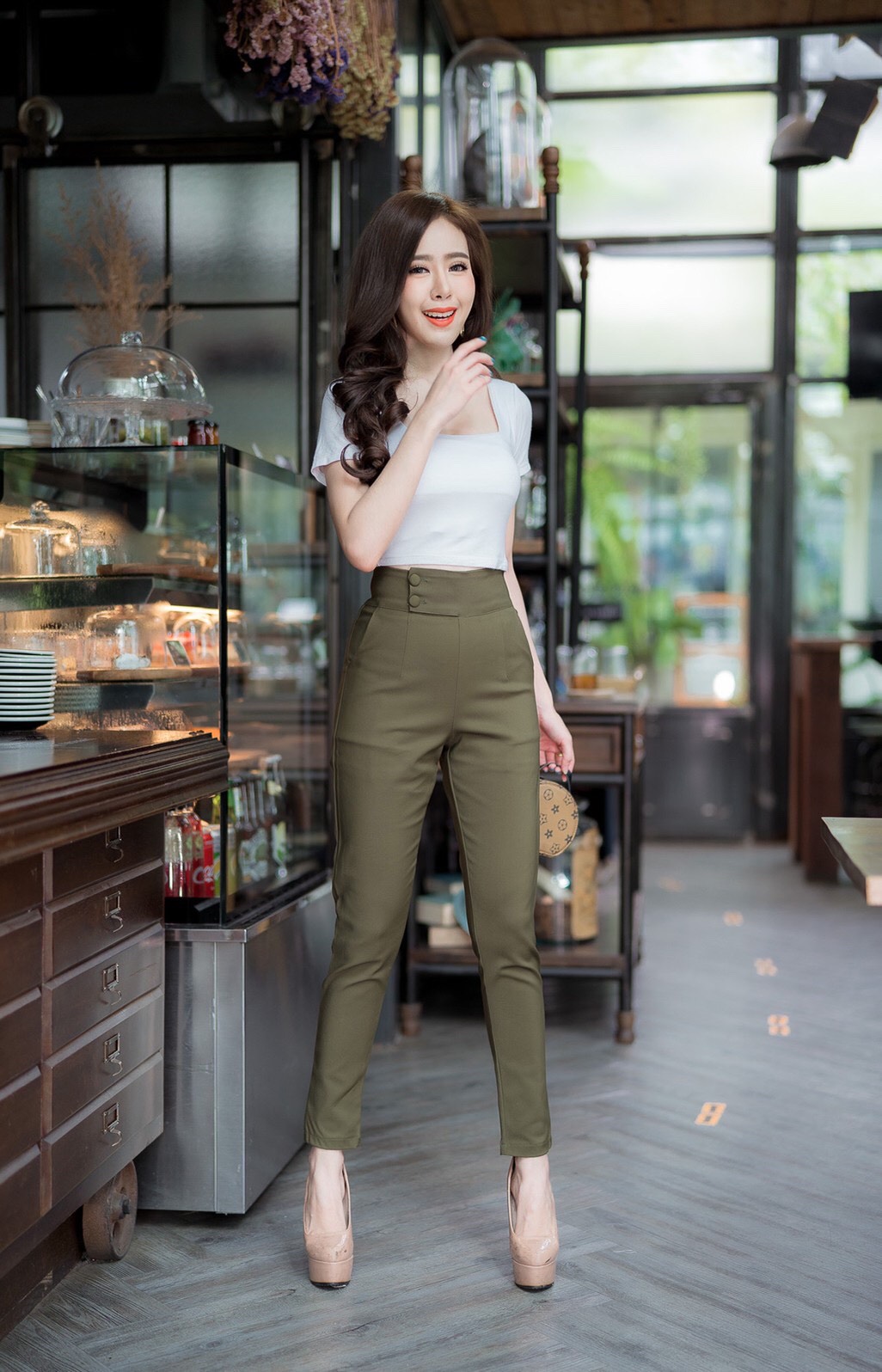 กางเกงขายาวผู้หญิงเอวสูง 2 กระดุมป้ายข้าง ขอบเอว 3 นิ้ว ซิปข้าง ผ้าดับเบิ้ลซาติน ยืด น่ารัก