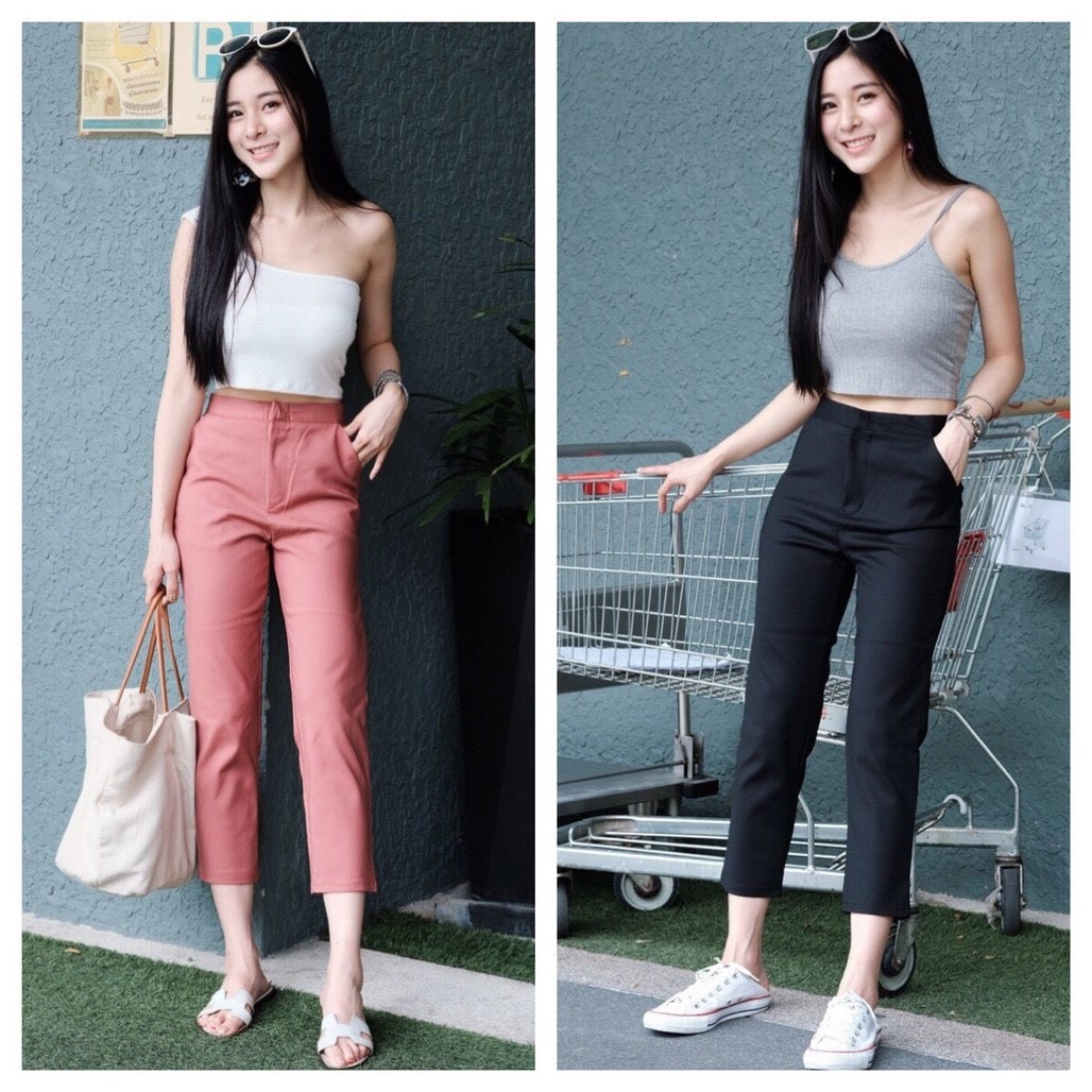 กางเกงขายาวผู้หญิงเอวสูง 7 ส่วน ซิปหน้า ผ้าดับเบิ้ลซาติน ยืด หนา นิ่ม น่ารัก