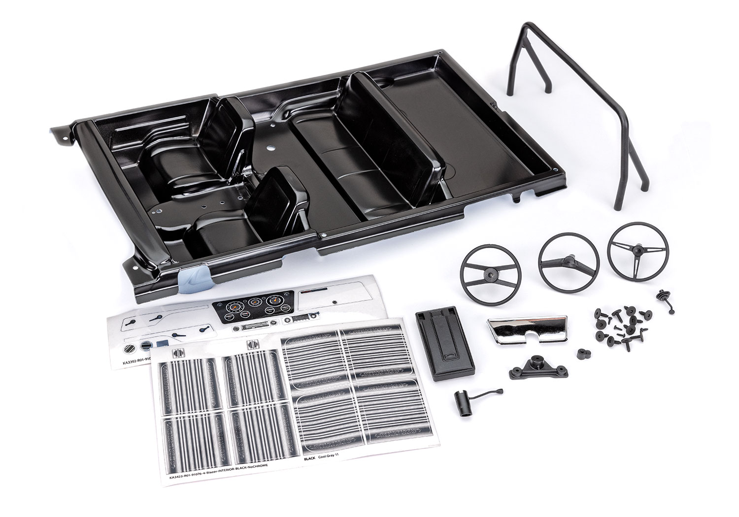 9114-BLK Interior, Chevrolet Blazer (1969 -1972) (black) (includes rollbar, gauge bezel, steering wheel and column, shifter, armrest, decals) (fits #9111, 9112, 9130, or 9131 series bodies) (#9111 or 9112 series bodies require #9128 body cage for installation)