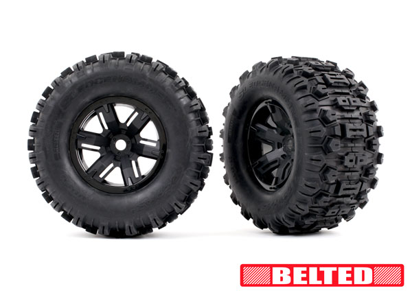 7871 [BELTED TIRES] Tires & wheels, assembled, glued (X-Maxx® black wheels, Sledgehammer® belted tires, dual profile (4.3" outer, 5.7" inner), foam inserts) (left & right)