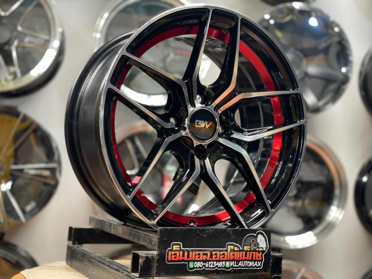 ล้อแม็กซ์ขอบ15 Brightwheels ASTON-3 ขอบ15 กว้าง7 ออฟ32 4รู100 สีดำหน้าเงาอันเดอร์คัตแดง(FP/B UN ED RED)