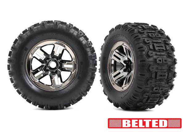 9573A Tires & wheels, assembled, glued (3.8" black chrome wheels, belted Sledgehammer® tires, foam inserts) (2)