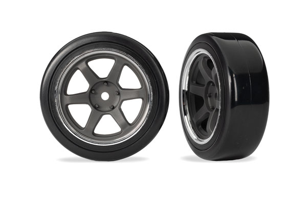 10574 Tires & wheels, assembled (six spoke graphite gray wheels w/chrome rim, 1.9" Drift tires (1 dot, hard, rough surfaces)) (front) (2)