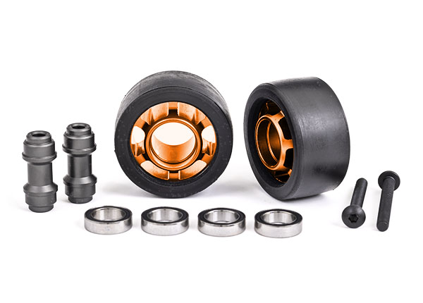 7775T Wheels, wheelie bar, 6061-T6 aluminum (orange-anodized) (2)/ axle, wheelie bar, 6061-T6 aluminum (2)/ 10x15x4 ball bearings (4)
