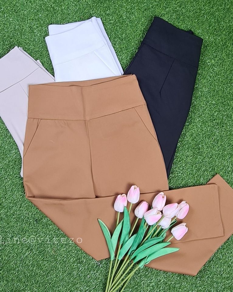 กางเกงขายาวผู้หญิงเอวสูง 8 ส่วน ซิปข้าง ขอบหนา 3 นิ้ว ผ้าดับเบิ้ลซาติน ยืด หนา นิ่ม สวย น่ารัก