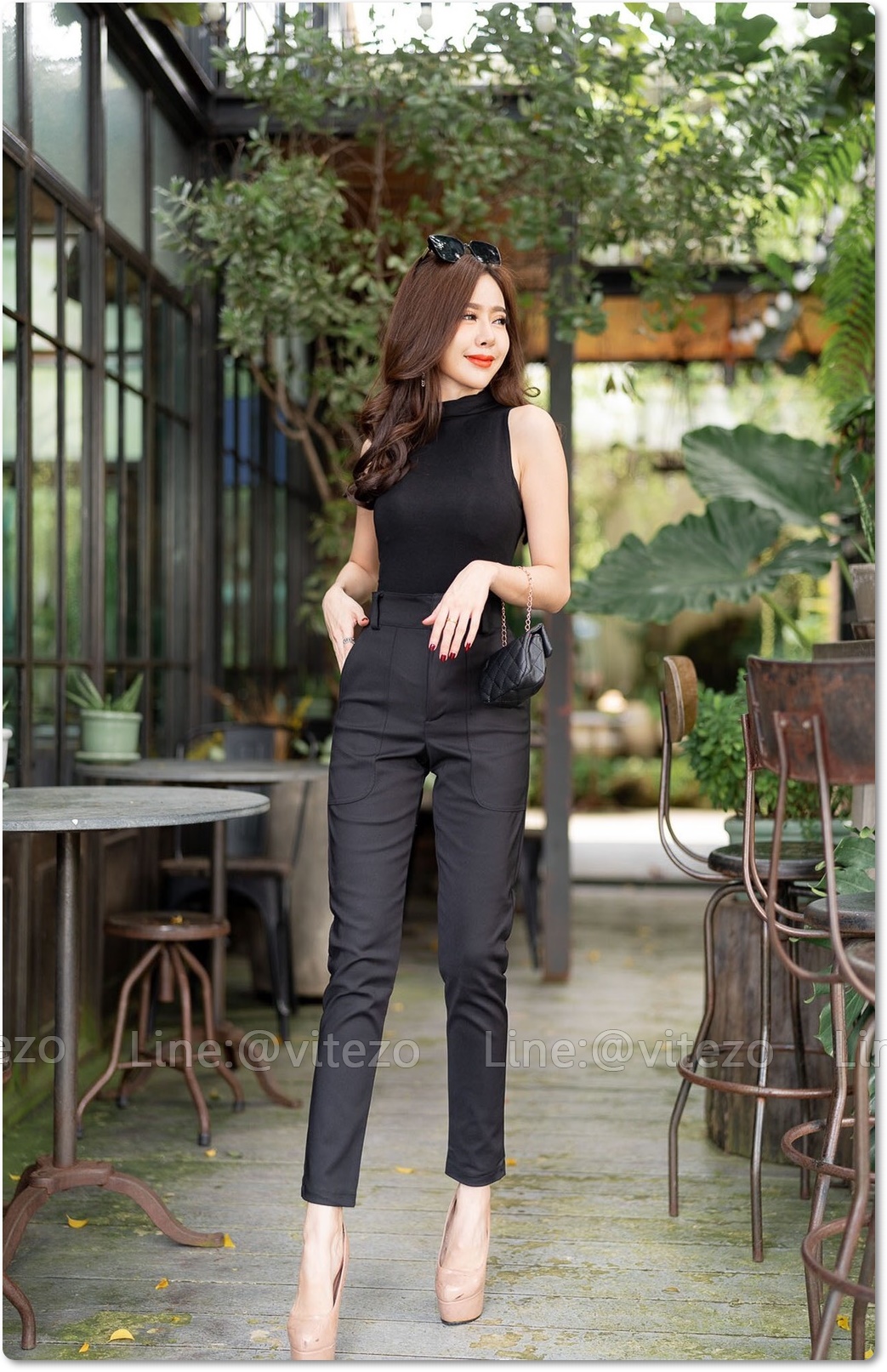 กางเกงขายาวผู้หญิงเอวสูง 9 ส่วน ซิปหน้า กระเป๋าใหญ่ ขอบหนา 3 นิ้ว ผ้าดับเบิ้ลซาติน ยืด หนา นิ่ม สวย น่ารัก