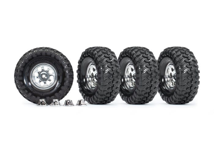 8183X Tires and wheels, assembled, glued (1.9" classic chrome wheels, Canyon Trail 4.6x1.9" tires) (4)/ center caps (4)/ decal sheet (requires #8255A extended stub axle)