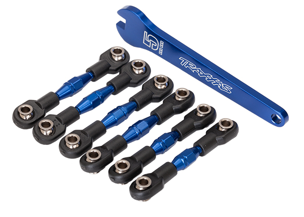 8341X Turnbuckles, aluminum (blue-anodized), camber links, 32mm (front) (2)/ camber links, 28mm (rear) (2)/ toe links, 34mm (2)/ aluminum wrench