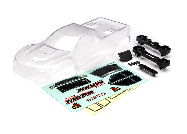 10711 Body, Mini Maxx® (clear, requires painting)/ window masks/ decal sheet (includes front & rear body latches, hardware) (for clipless mounting)