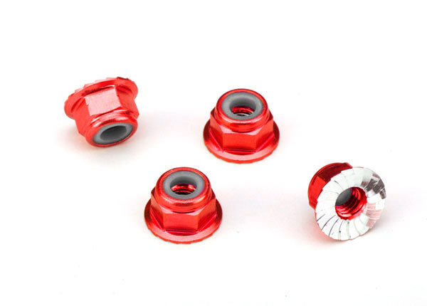 1747A Nuts, aluminum, flanged, serrated (4mm) (red-anodized) (4)