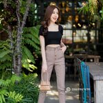 กางเกงขายาวผู้หญิงเอวสูง แต่งกระดุมบาย กระเป๋าใหญ่ ผ้าดับเบิ้ลซาติน ยืด สวยมาก