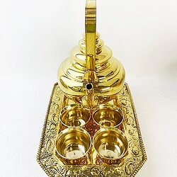 ชุดน้ำชากาทองเหลืองทรงโบราณฝาสามชั้น ถาดน้ำชา 17 x 11 นิ้ว ขอบลายปูปลา