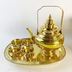 ชุดน้ำชากาโบราณ ฝาสามชั้น ถาดน้ำชาทองเหลืองรูปไข่ 8 x 12 นิ้ว