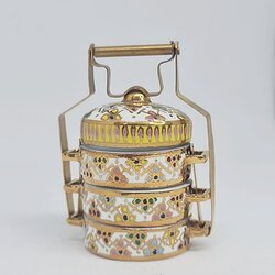 ปิ่นโตเบญจรงค์จิ๋ว น้ำทอง ขาทองเหลือวด้ามไม้ ของสะสมของขวัญของชำร่วยเชิดชูคุณค่าไทย