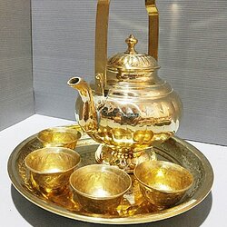 ชุดน้ำชากาโบราณ ทรงฟักทอง ถาดทองเหลืองหล่อ 10 นิ้ว ขอบแบ