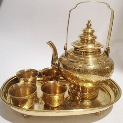 ชุดน้ำชากาโบราณฝาสามชั้นทองเหลืองตอกลาย ถาดน้ำชาลายทรงเปล 12 นิ้ว