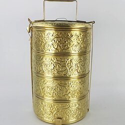 ปิ่นโตสี่ชั้น ทองเหลืองตอกลายใบโพธิ์ งานพรีเมี่ยม