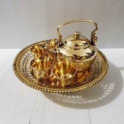 ชุดน้ำชากาแป้นกลาง ถาดซี่ 10 นิ้ว กาทองเหลืองชั้นดี