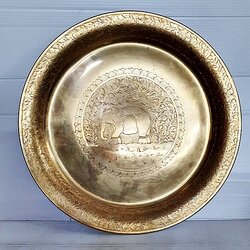  ถาดทองเหลือง 10.5 นิ้ว หล่อหนาตอกลายช้างทรงเครื่อง ไม่มีขา 