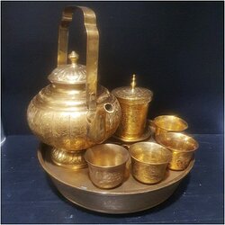 ชุดน้ำชากาโบราณทองเหลืองตอกลาย ถาดหล่อสองชั้น จัมโบ้ 10.5 นิ้ว Premium & Luxury