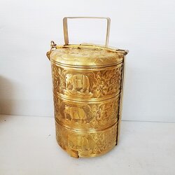 ปิ่นโตสามชั้นตอกลายช้างไทย ผิวด้านย้อนยุค signature