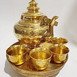 ชุดน้ำชากาโบราณตอกลายแบบฝาสามชั้นขัดเงา ถาดหล่อ 10 นิ้วครึ่ง ตอกลาย