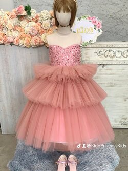 ชุดราตรีเด็ก(ร้านอยู่รัชดา ลองได้ถ่ายรูปจากชุดจริง)W19096 สีชมพู แขนสั้น กระโปรงยาว ฟูชั้นๆ