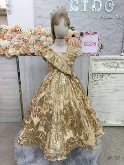 ชุดราตรีเด็ก(หน้าร้านอยู่รัชดา ลองได้ถ่ายรูปเองจากชุดจริง)W19190 สีทอง กระโปรงยาว แขนสั้น คอวีระบาย สวยหรู วิ้งๆทั้งชุด