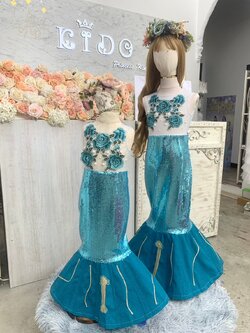 ชุดออกงานเด็ก(หน้าร้านอยู่รัชดา ลองได้ถ่ายรูปจากชุดจริง)W18098สีฟ้าชุดนางเงือกทรงหางปลาปักเลื้อม อกซีทรูติดดอกไม้