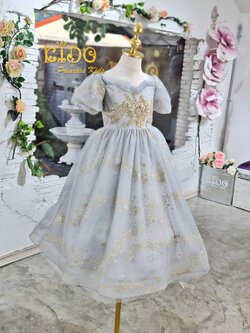 ชุดราตรีเด็ก(หน้าร้านอยู่รัชดา ลองได้ถ่ายรูปจากชุดจริง)W18651 สีเทา แขนพองคอเหลี่ยม