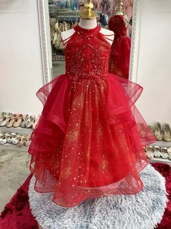 ชุดราตรีเด็ก(หน้าร้านอยู่รัชดา ลองได้ถ่ายรูปจาชุดจริง)W19058สีแดง แขนคริสตรัล