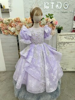 ชุดราตรีเด็ก(หน้าร้านอยู่รัชดา ลองได้ถ่ายรูปเองจากชุดจริง)W19105 สีม่วง กระโปรงยาวแขนตุ๊กตาเอวจีบข้าง