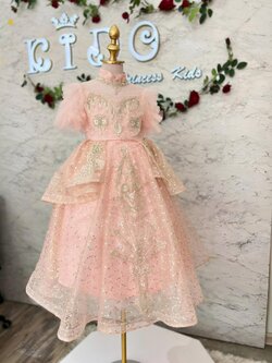 ชุดราตรีเด็ก(หน้าร้านอยู่รัชดา ลองได้ถ่ายรูปเองจากชุดจริง)W18850สีโอรส ตกแต่งด้วยกลิตเตอร์วิ้ง แขนตุ๊กตากระโปรงยาว