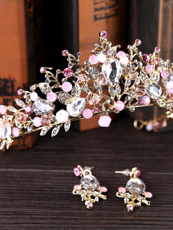 มงกุฎเด็ก(หน้าร้านอยู่รัชดา)KF535 สีชมพู มงกุฏประดับเพรชสีชมพูเถาวัรย์+ต่างหู สีชมพูน่ารัก