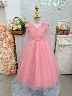 ชุดราตรีเด็ก(หน้าร้านอยู่รัชดา ลองได้ถ่ายรูปจากชุดจริง)W19248 สีชมพู กระโปรงยาว แขนสั้น ตกแต่งด้วยผ้าคุมไหล่ซีทรู