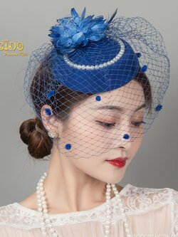 กิ๊บหมวกเด็ก(หน้าร้านอยู่รัชดา)KF596 กิ๊บหมวกเด็กสีน้ำเงินตาข่ายติดไข่มุขประดับดอกไม้