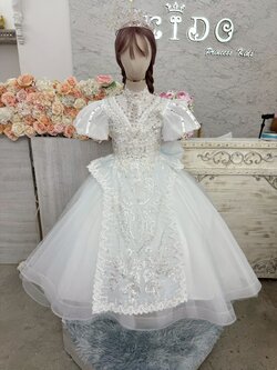 ชุดราตรีเด็ก(หน้าร้านอยู่รัชดา ลองได้ถ่ายรูปเองจากชุดจริง)W19192 สีฟ้า กระโปรงยาว แขนตุ๊กตา ประดับเพชร อลังการ