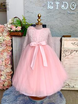 ชุดราตรีเด็ก(หน้าร้านอยู่รัชดา ลองได้ถ่ายรูปจากชุดจริง)W19247 สีโอรส กระโปรงยาว แขนสั้น ตกแต่งด้วยผ้าคุมไหล่ซีทรู